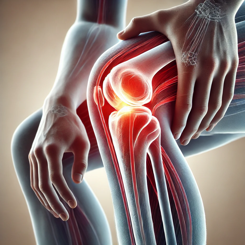 DALL·E-2025-03-06-12.16.09-A-detailed-medical-illustration-showing-knee-pain.-The-image-highlights-the-knee-joint-with-a-red-glow-effect-to-indicate-discomfort-and-inflammation.webp